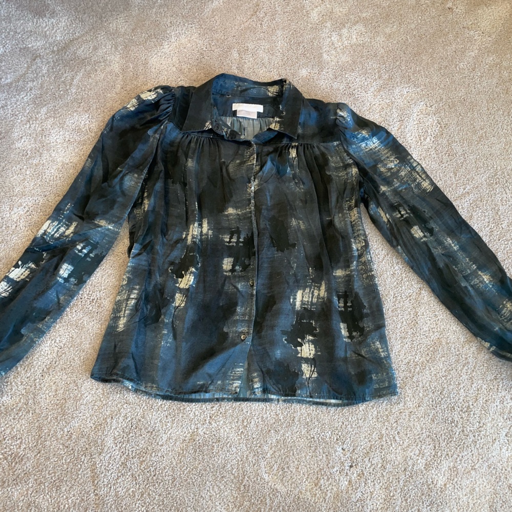 NICOLE FARHI Black Metallic Brushstroke Beautiful Button-Down Blouse
